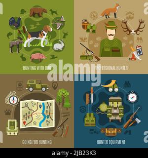 Hunting concept icons set with equipment symbols flat isolated vector illustration Stock Vector