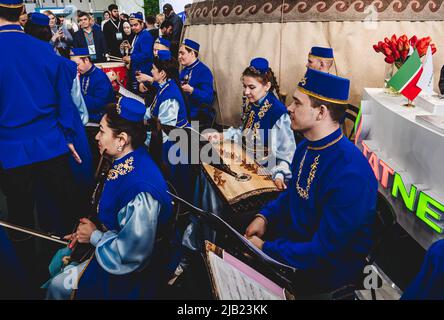 Kazan, Russia. May 19, 2022. A Tatar musical group that performs authentic ethnomusic. Playing traditional Tatar musical instruments.  Stock Photo