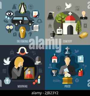 Funeral concept icons set with mourning and priest symbols flat isolated vector illustration Stock Vector