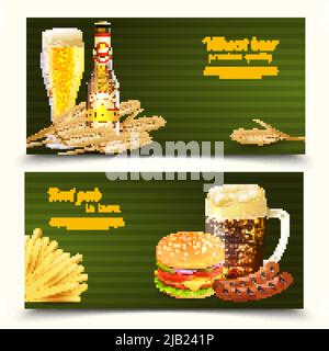 Best pub with premium quality light and dark beer on green background horizontal realistic banners isolated vector illustration Stock Vector