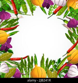 Vegetables and spices decorative frame with onion garlic bean chili basil arugula on white background vector illustration Stock Vector