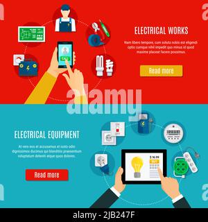 Horizontal flat banners with mobile call to electrician and electrical equipment buying online isolated vector illustration Stock Vector