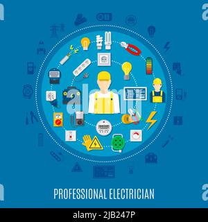 Professional electrician round design with icons of work tools and electric appliances on blue background vector illustration Stock Vector