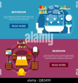 Interior horizontal banners set with bedroom and bathroom flat isolated vector illustration Stock Vector