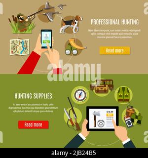 Hunting shop horizontal banners set with supplies symbols flat isolated vector illustration Stock Vector