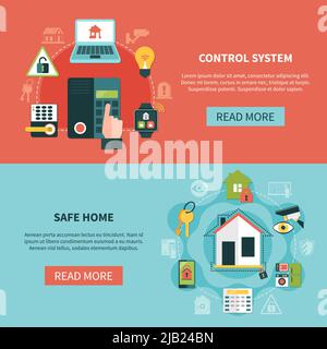 Set of flat horizontal banners with safe home and control system at electronic devices isolated vector illustration Stock Vector