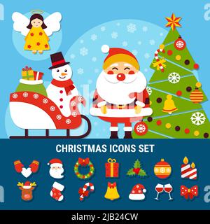 Set of christmas icons with year tree, snowman on sleigh, angel, santa, holiday decorations isolated vector illustration Stock Vector