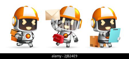Robotic assistant characters vector set. Robots ai characters holding bags, mail and checklist for friendly delivery robot collection design. Stock Vector