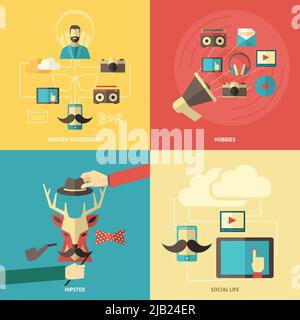 Hipster design concept set with hobbies and fashion accessories flat icons isolated vector illustration Stock Vector