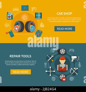 Flat design set of horizontal banners with car shop items and various tools for tire service isolated vector illustration Stock Vector