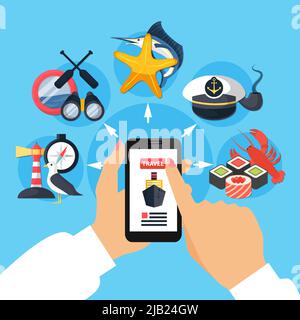 Nautical objects concept with mobile application symbols flat vector illustration Stock Vector