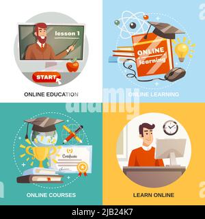 Online learning 2x2 design concept with equipment and tutorials for distance education certificate and magistracy hat flat vector illustration Stock Vector