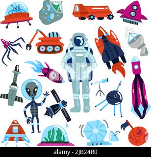 Flat colorful space icons set with spaceships aliens and astronaut isolated on white background vector illustration Stock Vector