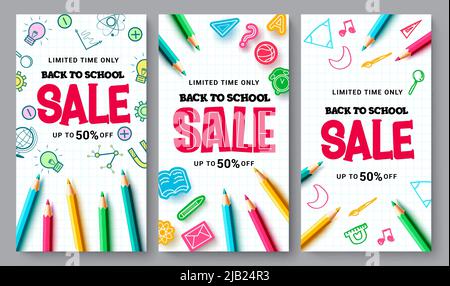 Back to school sale vector poster set design. Back to school sale text with color pencil and doodle elements for limited discount promo offer. Stock Vector
