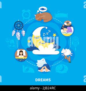 Night dreams flat symbols circle composition with sleeping cat and crescent half moon background poster vector illustration Stock Vector