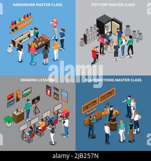 Isometric design concept with master class for handiwork, pottery and blacksmithing, drawing lessons isolated vector illustration Stock Vector