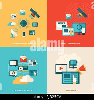 Media design concept set with social online information flat icons isolated vector illustration Stock Vector