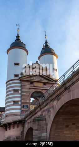 Old bridge gate at the Karl Theodor Bridge in Heidelberg, Baden-Württemberg, Germany Stock Photo