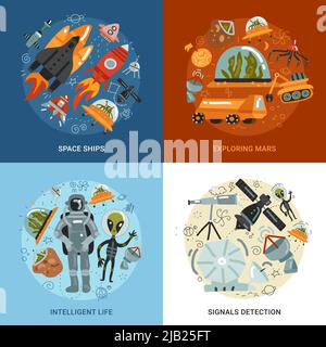 Space exploration 2x2 design concept with flying to mars detection of signals and intelligence life square icons flat vector illustration Stock Vector