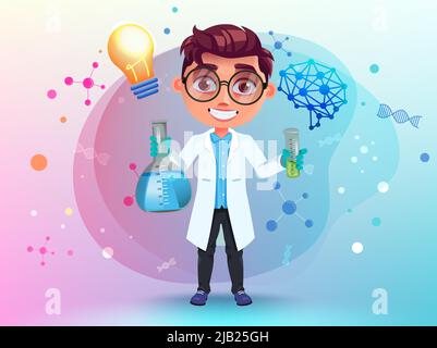 Student scientist  vector character. Boy character with beaker and science logo icons in lab coat and eyeglasses for smart kid laboratory experiment. Stock Vector