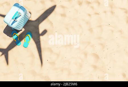 Top view 3D rendering of suitcase and flip flops placed on sandy seashore with shadow of flying airplane as background Stock Photo