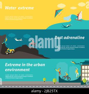 Extreme sport horizontal banner set with water urban adrenaline adventure elemetns isolated vector illustration Stock Vector