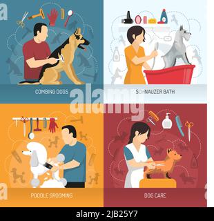 Grooming service design concept with view of hairdresser combing and bathing dogs of different breed with icons vector illustration Stock Vector