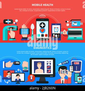 Mobile wearable digital healthcare gadgets for body  functions measurements diagnostics 2 flat horizontal banners isolated vector illustration Stock Vector