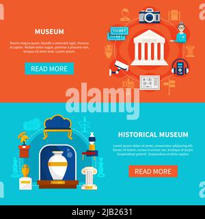 Flat horizontal banners on museum theme with historical artifacts guide accessories and exhibition equipment vector illustration Stock Vector