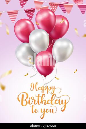 Birthday greeting vector concept design. Happy birthday to you text with pink floating balloon bunch, confetti and pennants elements for party. Stock Vector