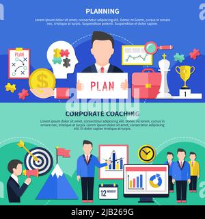 Coaching and training horizontal banners set with planning symbols flat isolated vector illustration Stock Vector