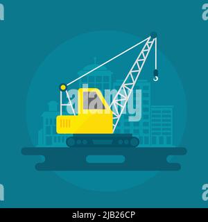 Lifting crane construction equipment with building on background flat icon vector illustration Stock Vector