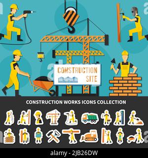 Colored construction worker flat concept with icon set combined in construction site composition vector illustration Stock Vector