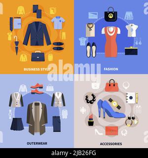 Clothes flat concept with four squares icon set on business style fashion outerwear and accessories themes vector illustration Stock Vector