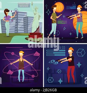 Virtual reality orthogonal flat design concept including people during education program and computer games isolated vector illustration Stock Vector