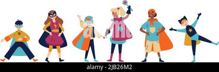 Kids wearing colorful costumes of different superheroes. Stock Vector