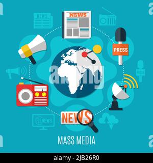 Mass media design concept with world sign in centre and news information icons around flat vector illustration Stock Vector