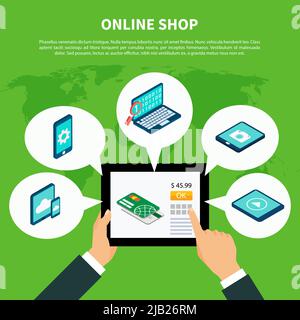 Data isometric conceptual composition of world map background human hands with tablet and gadgets with text vector illustration Stock Vector