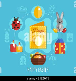 Spring easter concept with cute rabbit colorful eggs ladybug and candles on blue background flat vector illustration Stock Vector