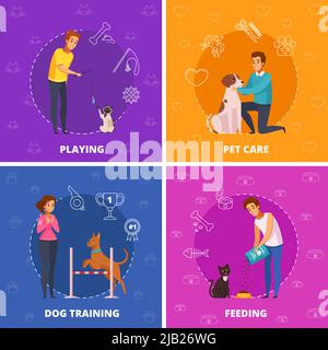 People with pets 2x2 design concept with pet care dog training playing and feeding square icons cartoon vector illustration Stock Vector