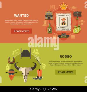 Set of flat horizontal banners with wanted bandit poster, sheriffs attributes and rodeo elements isolated vector illustration Stock Vector