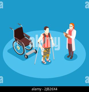 Medical rehabilitation isometric composition with doctor and patient on crutches with bionic prothesis after surgery vector illustration Stock Vector