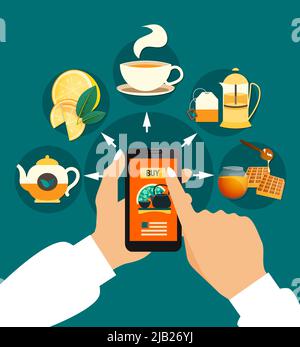 Tea buying online composition with smartphone in hands, cup, teapots, honey, lemon on green background vector illustration Stock Vector