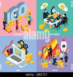 ICO blockchain isometric design concept with teamwork, cryptocurrency mining, marketing research and startup isolated vector illustration Stock Vector