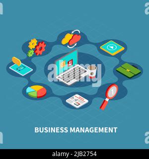 Data isometric circle composition with statistical pictograms of gear electronic gadgets and laptop computer with text vector illustration Stock Vector