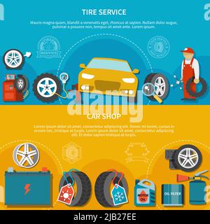 Colorful set of two horizontal banners with car shop and mechanic repairing vehicle at tire service flat isolated vector illustration Stock Vector