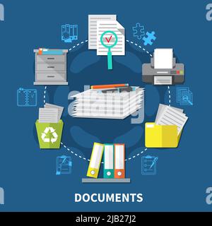 Business items composition with workflow and stacks of paper in the workplace vector illustration Stock Vector