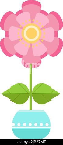 Flourish pink bloom on green growing plant in pot Stock Vector