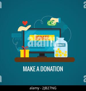 Donations and charity online concept with laptop icon on green background flat vector illustration Stock Vector