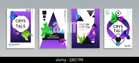 Colorful crystals 4 realistic decorative banners set with vibrant bright green purple blue minerals background vector illustration Stock Vector